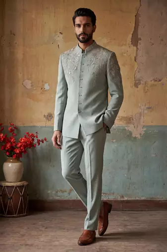 Heavy lachaka 3-piece short jodhpuri featuring intricate handwork, cotton lining, and a luxurious designer finish.