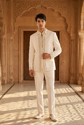 Heavy lachaka 3-piece short jodhpuri featuring intricate handwork, cotton lining, and a luxurious designer finish. 1
