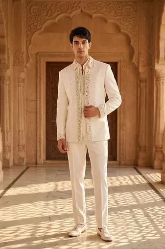 Heavy lachaka 3-piece short jodhpuri featuring intricate handwork, cotton lining, and a luxurious designer finish.