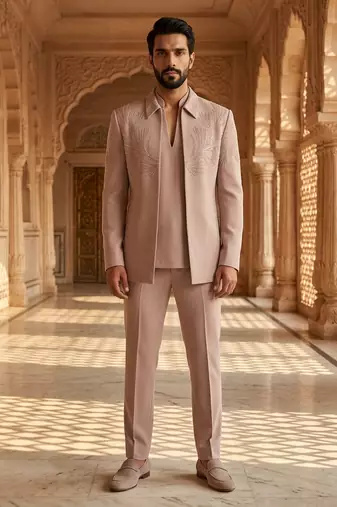 Heavy lachaka 3-piece short jodhpuri featuring intricate handwork, cotton lining, and a luxurious designer finish.