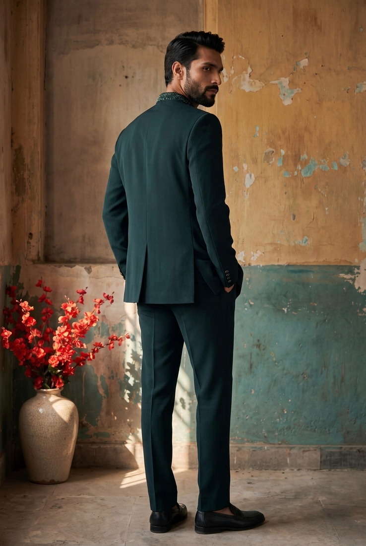 Heavy lachaka 3-piece short jodhpuri featuring intricate handwork, cotton lining, and a luxurious designer finish.