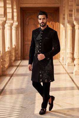 Heavy lachaka 2-piece long jodhpuri featuring intricate handwork, cotton lining, and a luxurious designer finish. 1