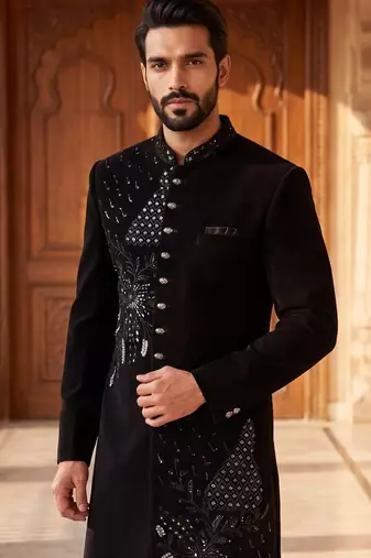 Heavy lachaka 2-piece long jodhpuri featuring intricate handwork, cotton lining, and a luxurious designer finish.