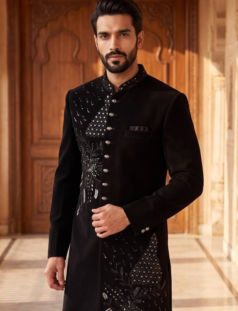 Heavy lachaka 2-piece long jodhpuri featuring intricate handwork, cotton lining, and a luxurious designer finish.