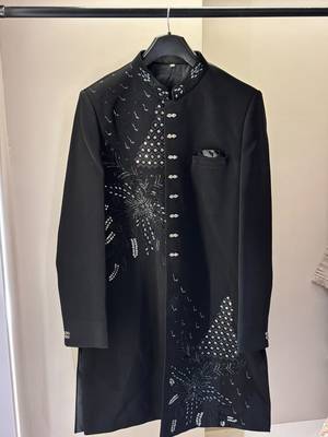 Heavy lachaka 2-piece long jodhpuri featuring intricate handwork, cotton lining, and a luxurious designer finish. 4