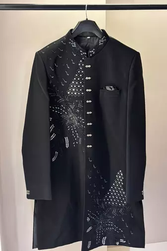 Heavy lachaka 2-piece long jodhpuri featuring intricate handwork, cotton lining, and a luxurious designer finish.