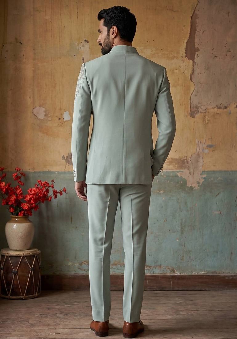 Heavy lachaka 3-piece short jodhpuri featuring intricate handwork, cotton lining, and a luxurious designer finish.