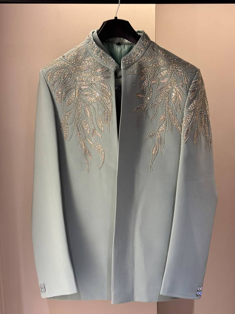 Heavy lachaka 3-piece short jodhpuri featuring intricate handwork, cotton lining, and a luxurious designer finish.