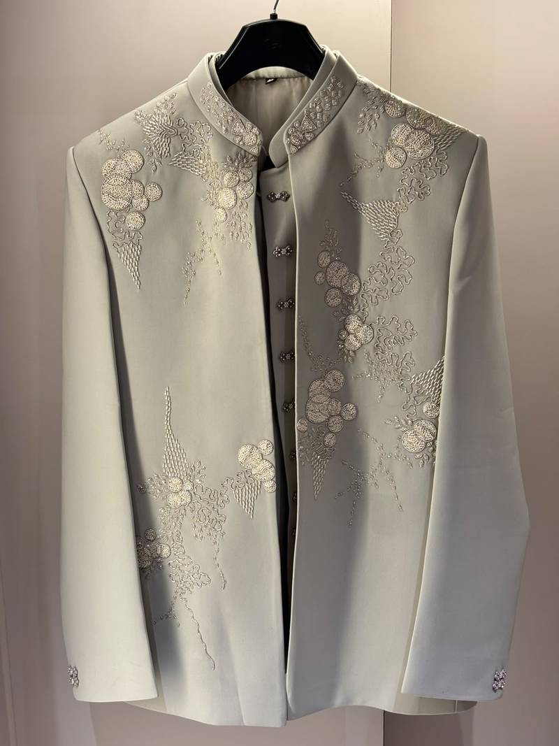 Heavy lachaka 3-piece short jodhpuri featuring intricate handwork, cotton lining, and a luxurious designer finish.