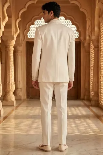 Heavy lachaka 3-piece short jodhpuri featuring intricate handwork, cotton lining, and a luxurious designer finish.