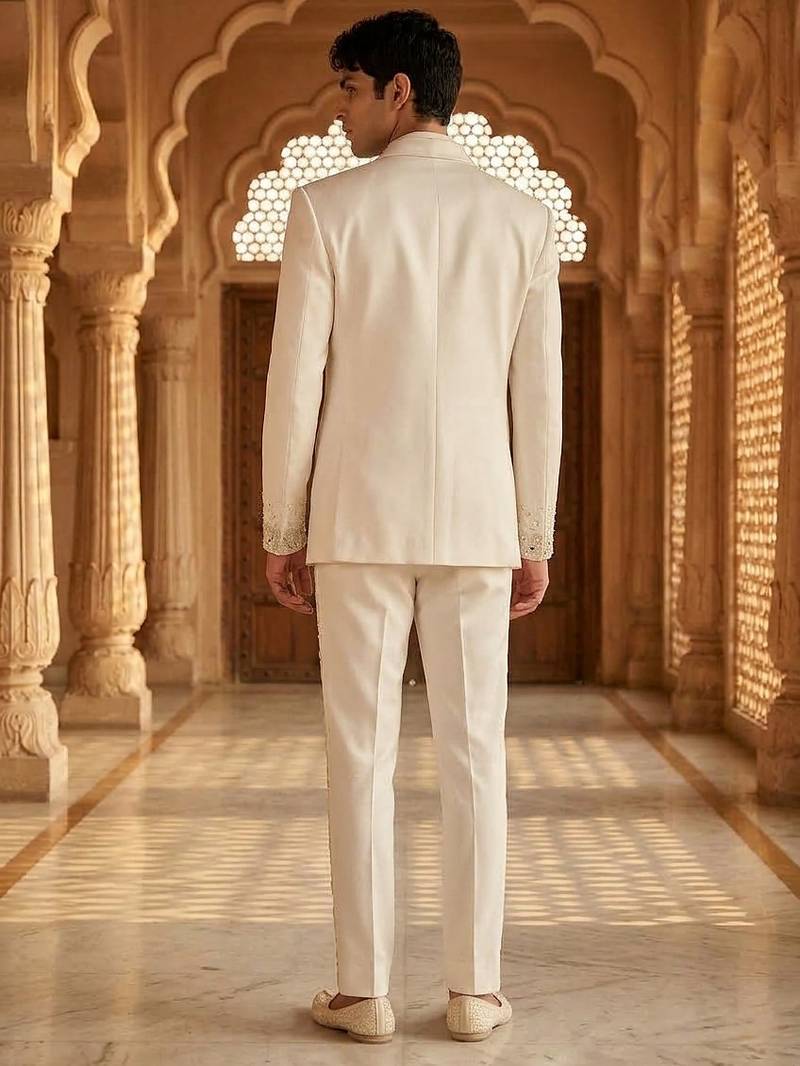 Heavy lachaka 3-piece short jodhpuri featuring intricate handwork, cotton lining, and a luxurious designer finish.