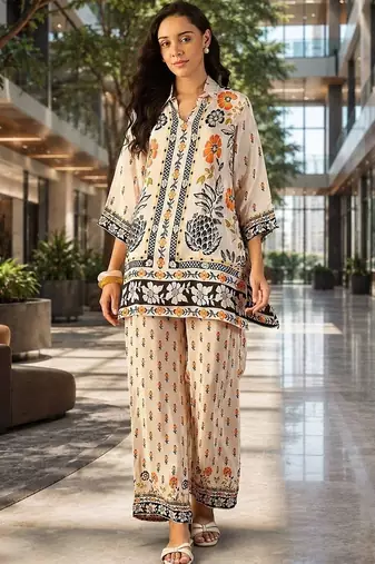 Off white floral printed pure cotton shirt collar tunic co-ord set