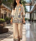 Off white floral printed pure cotton shirt collar tunic co-ord set