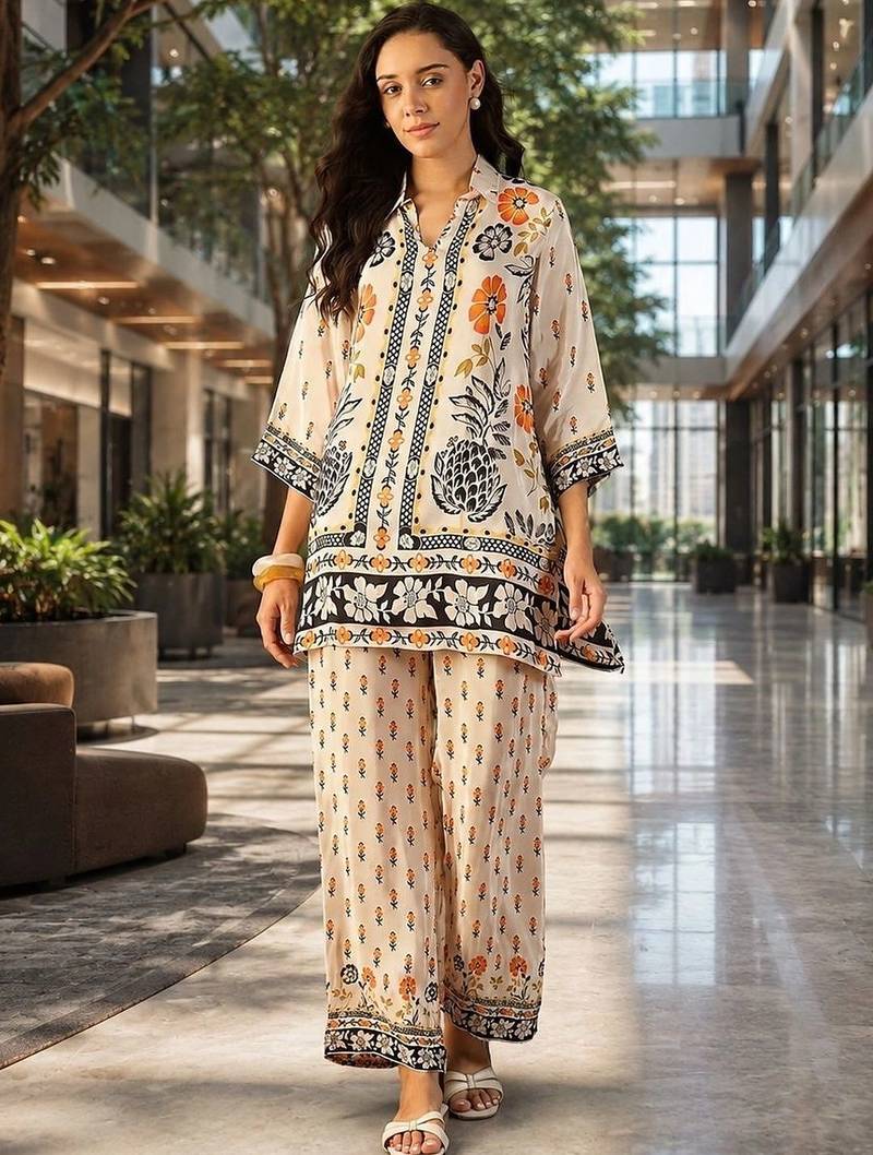 Off white floral printed pure cotton shirt collar tunic co-ord set