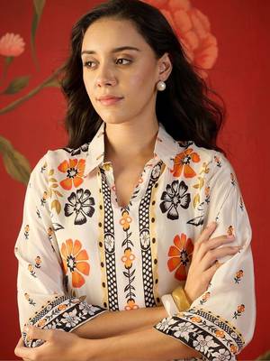 Off white floral printed pure cotton shirt collar tunic co-ord set 3