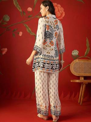 Off white floral printed pure cotton shirt collar tunic co-ord set 5