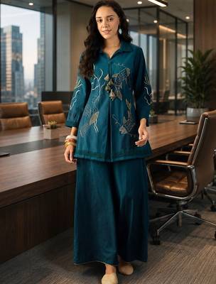 Teal tropical embroidered cotton shirt collar tunic co-ord set 1