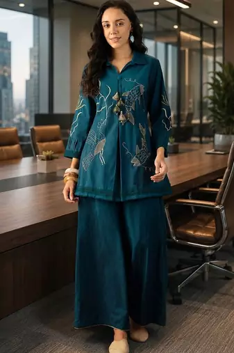 Teal tropical embroidered cotton shirt collar tunic co-ord set