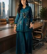 Teal tropical embroidered cotton shirt collar tunic co-ord set