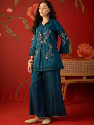 Teal tropical embroidered cotton shirt collar tunic co-ord set 2