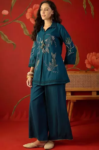 Teal tropical embroidered cotton shirt collar tunic co-ord set