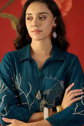 Teal tropical embroidered cotton shirt collar tunic co-ord set