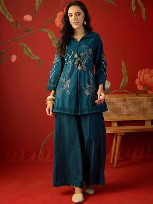 Teal tropical embroidered cotton shirt collar tunic co-ord set 4