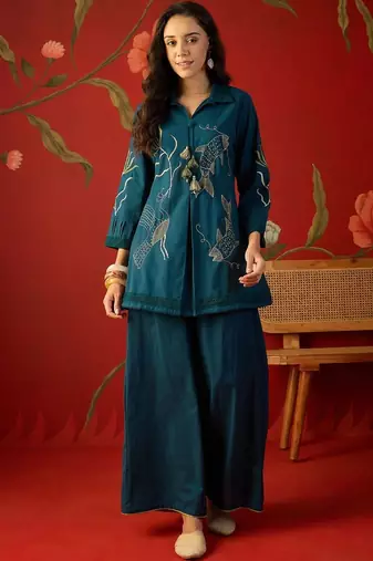 Teal tropical embroidered cotton shirt collar tunic co-ord set