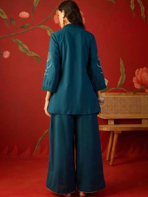 Teal tropical embroidered cotton shirt collar tunic co-ord set 5