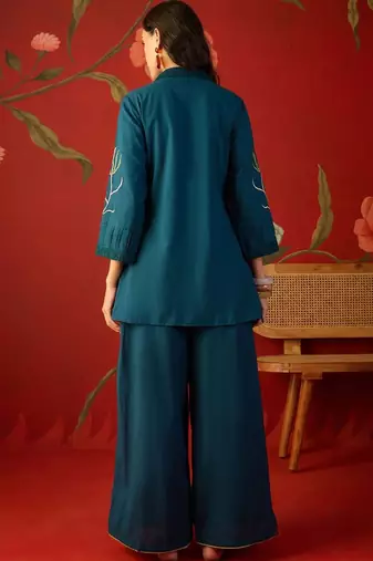 Teal tropical embroidered cotton shirt collar tunic co-ord set