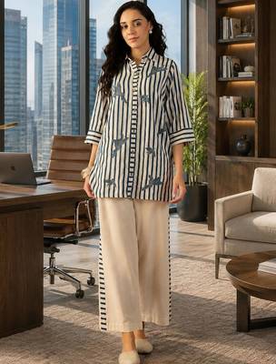 Off white striped tropical embroidered cotton shirt collar tunic co-ord set 1