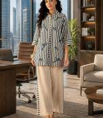Off white striped tropical embroidered cotton shirt collar tunic co-ord set