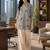 Off white striped tropical embroidered cotton shirt collar tunic co-ord set