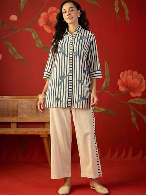 Off white striped tropical embroidered cotton shirt collar tunic co-ord set 2