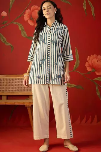 Off white striped tropical embroidered cotton shirt collar tunic co-ord set