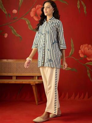Off white striped tropical embroidered cotton shirt collar tunic co-ord set 3
