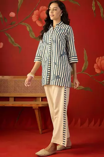 Off white striped tropical embroidered cotton shirt collar tunic co-ord set