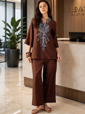 Brown embroidered cotton stitched v-neck tunic with trousers co-ord set 1