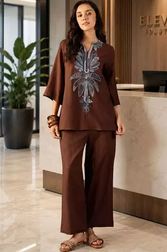 Brown embroidered cotton stitched v-neck tunic with trousers co-ord set