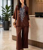 Brown embroidered cotton stitched v-neck tunic with trousers co-ord set