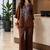 Brown embroidered cotton stitched v-neck tunic with trousers co-ord set