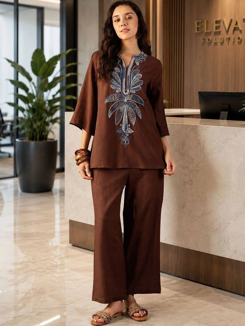 Brown embroidered cotton stitched v-neck tunic with trousers co-ord set