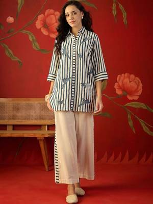 Off white striped tropical embroidered cotton shirt collar tunic co-ord set 4