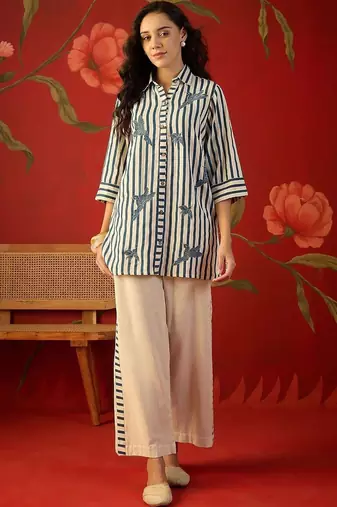 Off white striped tropical embroidered cotton shirt collar tunic co-ord set