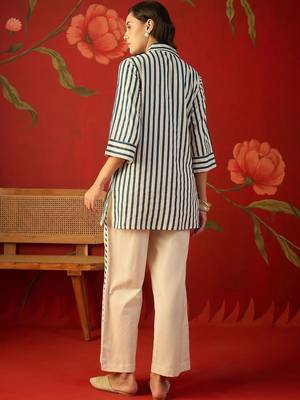 Off white striped tropical embroidered cotton shirt collar tunic co-ord set 5