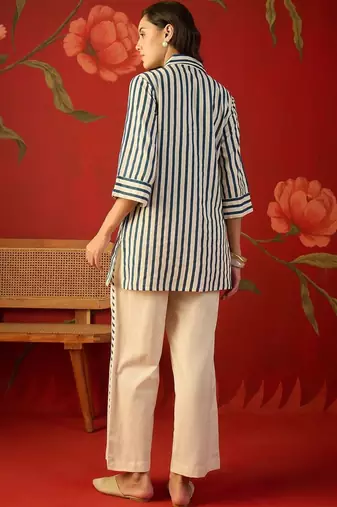 Off white striped tropical embroidered cotton shirt collar tunic co-ord set
