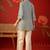 Off white striped tropical embroidered cotton shirt collar tunic co-ord set