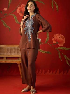 Brown embroidered cotton stitched v-neck tunic with trousers co-ord set 2