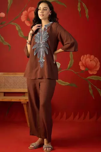 Brown embroidered cotton stitched v-neck tunic with trousers co-ord set
