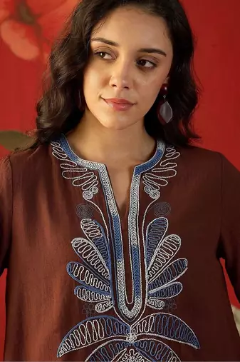 Brown embroidered cotton stitched v-neck tunic with trousers co-ord set